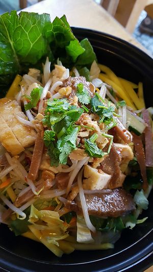 Fried tofu, ham imitation and chicken imitation with mango and tamarind sauce on rice at Sunshine Vegan Restaurant in Berlin