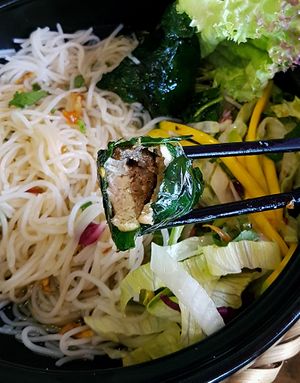 Bun tron la lot: Rice noodles with Lolot leaves filled with tofu, vegan beef and mushrooms, on rice noodles and tamarind sauce at Sunshine Vegan Restaurant in Berlin