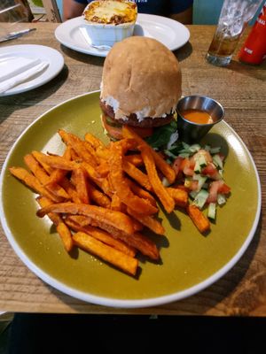 Crazy burger and sweet potato fries. at Stars in Mossel Bay