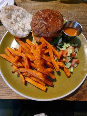 Crazy burger with sweet potato fries. at Stars in Mossel Bay