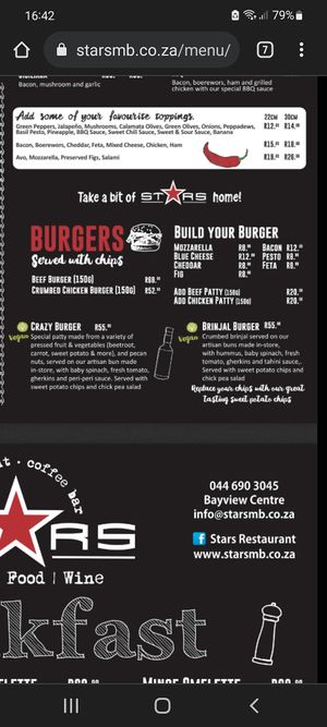 Crazy burger with sweet potato fries. at Stars in Mossel Bay