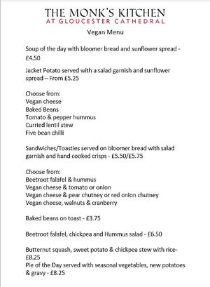 Vegan menu at Monk's Kitchen Cafe in Gloucester
