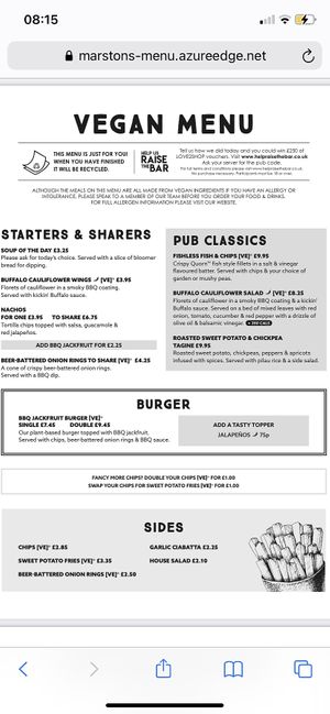 Vegan menu  at The Inkwell at Lichfield in Lichfield