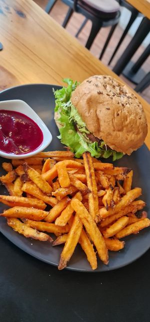 Dharma Burger with sweet potato fries at Lavka in Guatemala City
