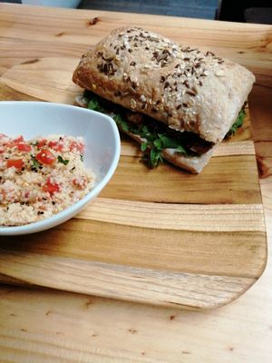 Tostoi Tempeh sandwich at Lavka in Guatemala City