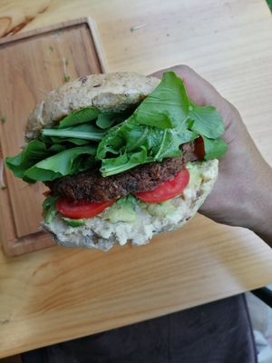 Sputnik Burger with lentil And Arugula at Lavka in Guatemala City