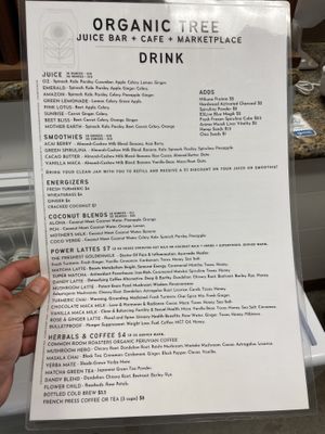 Menu - drinks  at Organic Tree in Dana Point