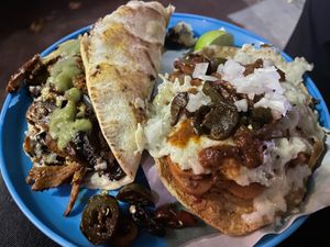 Quesadilla campechana y volcán de salchichas a la mexicana  at Gracias Madre in Mexico City