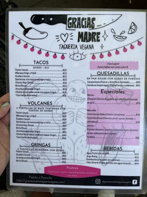Menu  at Gracias Madre in Mexico City