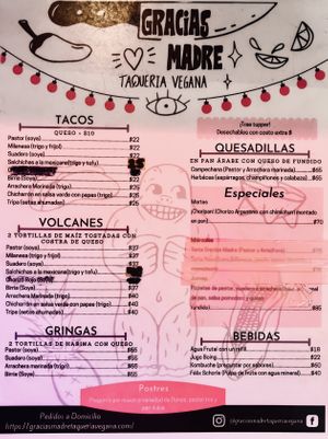 Menu as of June 2022  at Gracias Madre in Mexico City
