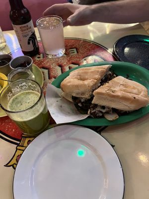 Torta Chile Relleon and green juice / ginger beer  at Gracias Madre in Mexico City