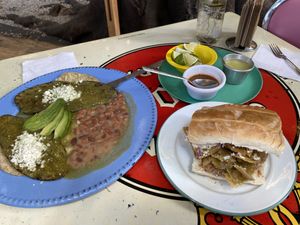 Chilaquiles torta and nopales plate  at Gracias Madre in Mexico City