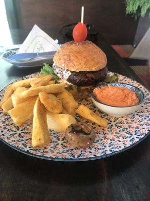 BBQ burger, yucca fries and  sundried tomato garlic mayo  at Drift Bar in Santa Teresa