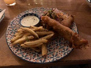 Awesome Banana Blossom Vegan Fish & Chips . at Drift Bar in Santa Teresa