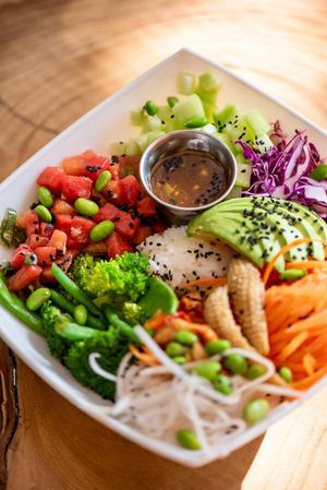 Vegan Tuna Poke Bowl
(with marinated watermelon) at Drift Bar in Santa Teresa