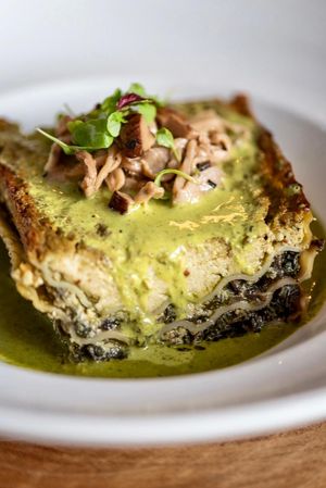 Mushroom & Cashew Cream Pesto Lasagna
Vegan 
* also available Gluten Free at Drift Bar in Santa Teresa