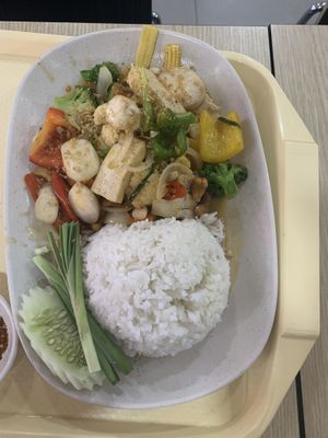 ashews with Fried Tofu stir fry with rice - #8 at Good Taste Vegetarian - MBK in Bangkok