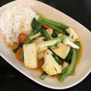 Stir fried tofu and ‘kale’ with rice at Good Taste Vegetarian - MBK in Bangkok