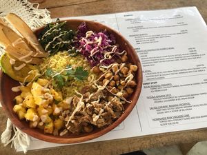 Burrito bowl with jack fruit, chick peas and more. So good! at The Hideout in Unawatuna
