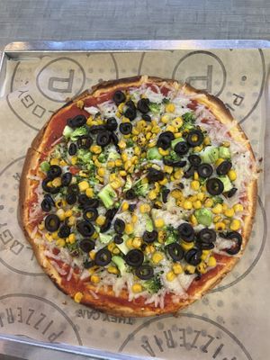 Vegan cheese with broccoli, corn, and olives.   at Pieology - Tamuning in Guam