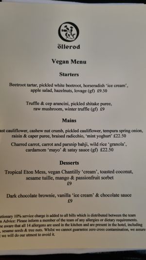 Vegan menu May 22 at The Ollerod in Beaminster