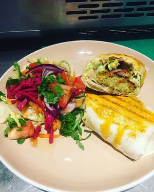 Vegan falafel wrap  at De Mezka in North London