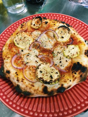 Zucchini, purple onion and vegan parmesan pizza. at Casa de Nara in Joao Pessoa