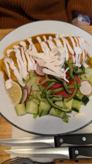 Vegetarian smothered breakfast burrito. (I ate my vegan burrito handheld & messy). at Hoja in Denver