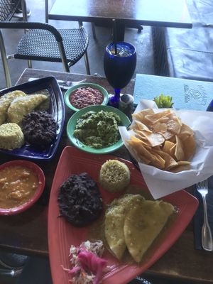 Avocado enchiladas, cilantro rice, black beans, fresh guacamole, salsas and chips!  at Maggie's Blue Rose in Santa Catalina Island