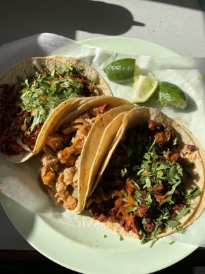 Veggie chorizo, pollo y nopal, pastor  at El Faro in Chicago