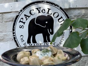Vegan Pelmeni with chicken filling. Served with Vegan sour cream and fresh dill. at sPACYcLOUd Lounge in Washington
