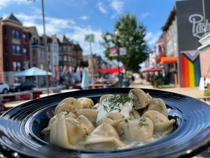 Vegan Pelmeni with chicken filling. Served with Vegan sour cream and fresh dill. at sPACYcLOUd Lounge in Washington