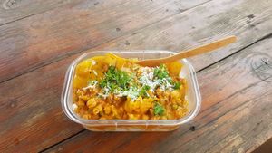 Cauliflower, chickpea, potato and green pea curry with mango chutney and basmati rice at Spicy Indian Chick in Haleiwa