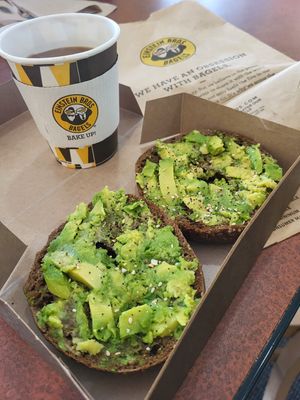 Avocado toast on a pumpernickel bagel.  Yum! at Einstein Bros Bagels in Cedar Park