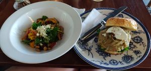 Something with beans and lots of veggies on the left. Lentil burger on the right. But vegan (if I'm not mistaken) at Loaf Candidasa in Manggis