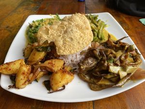 Aaaaamazing! Loved every single curry - eggplant, tempered potato, spinach/dhal curry and beans   at Matey Hut in Ella