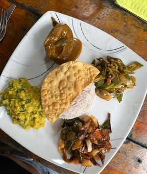 dahl with spinach, mango curry, eggplant curry, okra curry (personal favourite)  at Matey Hut in Ella