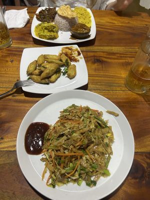 Kottu, fried okra, rice with 4 curries  at Matey Hut in Ella