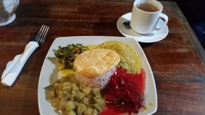 Vegan Food, so yummy and fresh and tasty ginger tea at Matey Hut in Ella