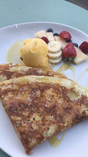 Apple cinnamon crepe with mango sorbet and fruit at Mint in Stirling