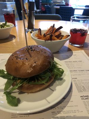 Vegan burger and sweet potato fries  at Trappa in Ljubljana