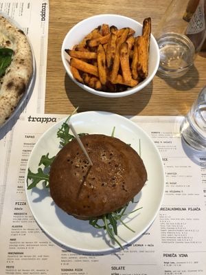 beyond meat burger and sweet potato fries  at Trappa in Ljubljana