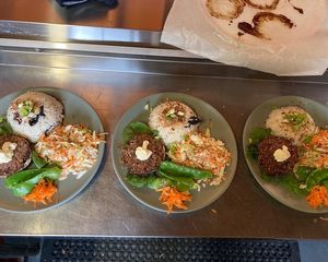 Stuffed mushrooms with salad and jasmine rice at The International Fox in Branxholm