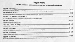 Vegan menu options at Maile’s  at Maile's Thai in Honolulu