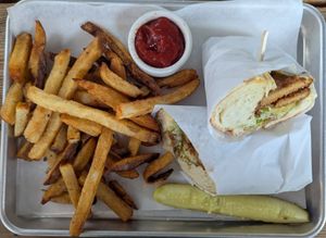 Fried Chick’n Hero and fries at Victoria Bar in Portland