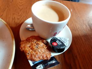 Coffee. Despite ordering everything vegan, it came with milk and standard non- vegan cookie at Slot Oostende in Goes