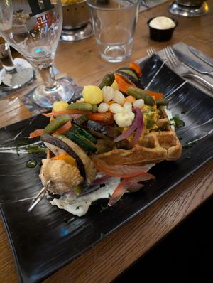 vegan waffle with grilled vegetable skewer at Slot Oostende in Goes