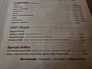 Vegan labelled on menu at Slot Oostende in Goes