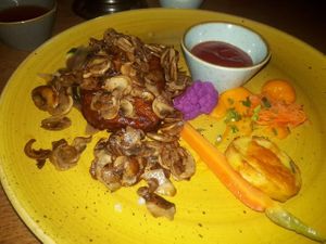 Steak with mushrooms and fries. at Slot Oostende in Goes