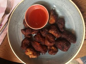 Freggies bites, soy based fried snacks with chilisauce. at Slot Oostende in Goes
